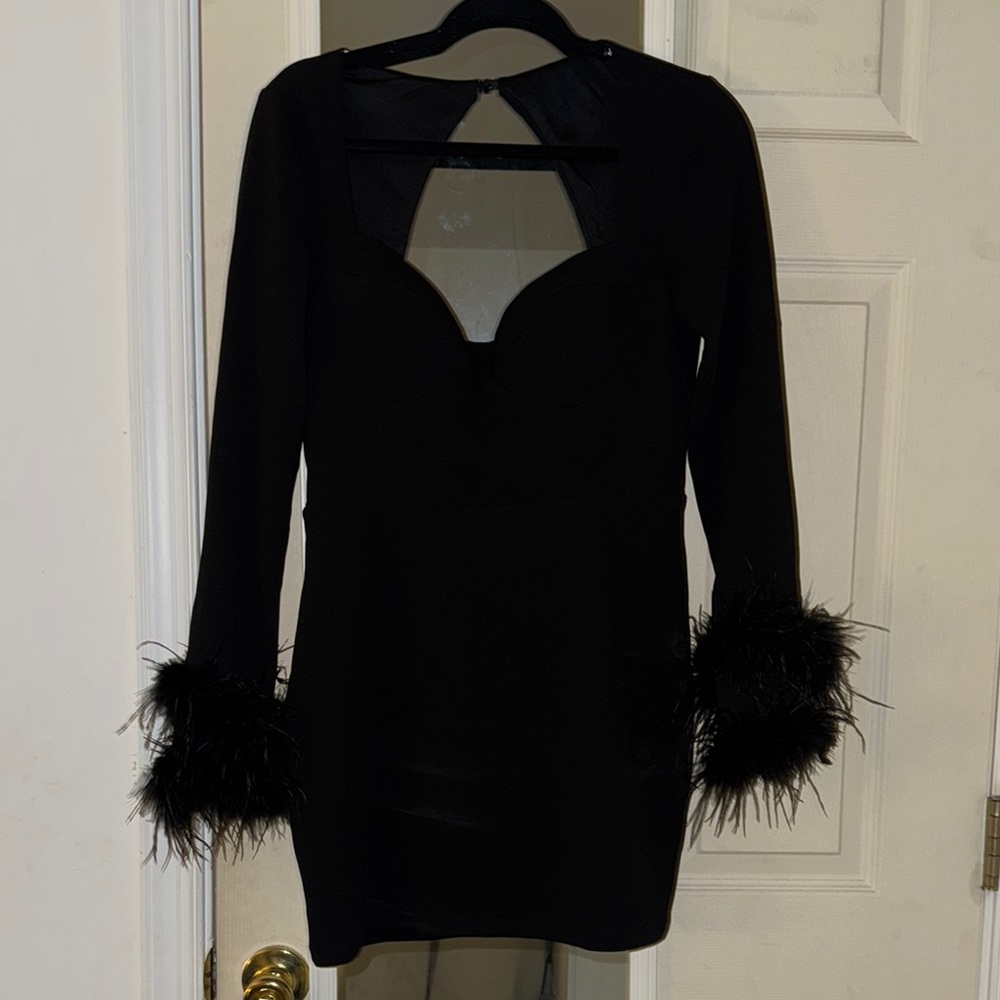 Elegant Lulus Black Feather Cuff Dress